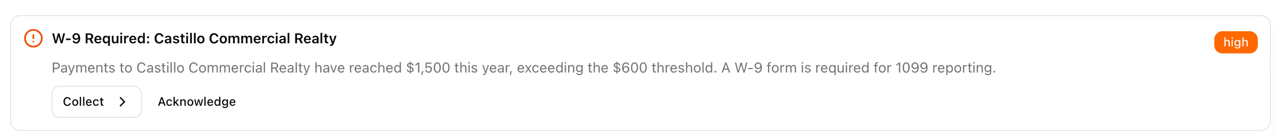 Compliance alert — payments to a partner crossed the $600 threshold, so a W-9 is required for 1099 reporting